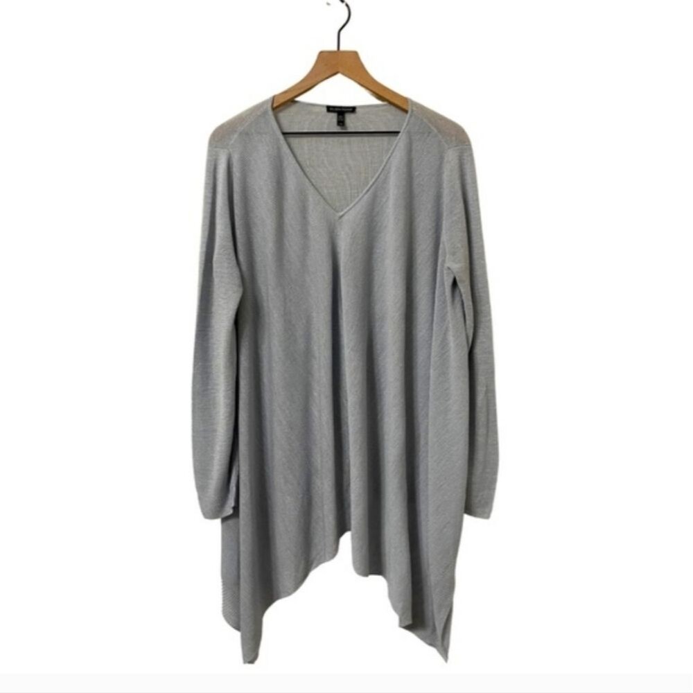 Eileen Fisher Tencel Linen Gray V-Neck Asymmetrical Shark Bite Sweater Size XS